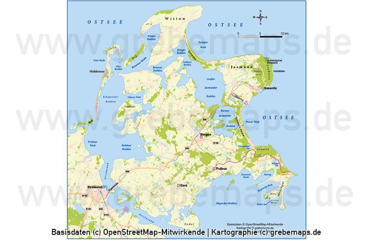 Rügen Vektorkarte Topographie Übersichtskarte Basiskarte - grebemaps ...