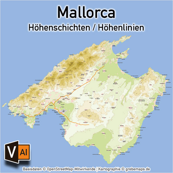 Mallorca Vektorkarte Höhenschichten Höhenlinien