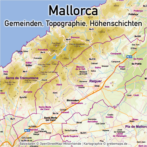 Mallorca Vektorkarte Topographie Gemeinden Höhenschichten, Karte Mallorca Vektor, Inselkarte Mallorca, Übersichtskarte Mallorca, Basiskarte Mallorca, Vector Karte Mallorca, AI, download, editierbar, skalierbar, anpassbar, bearbeitbar