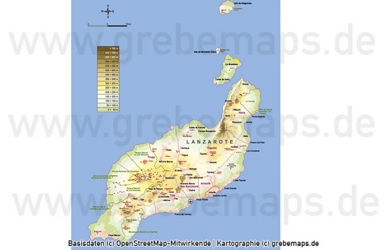 Lanzarote Vektorkarte Topographie Gemeinden Höhenschichten