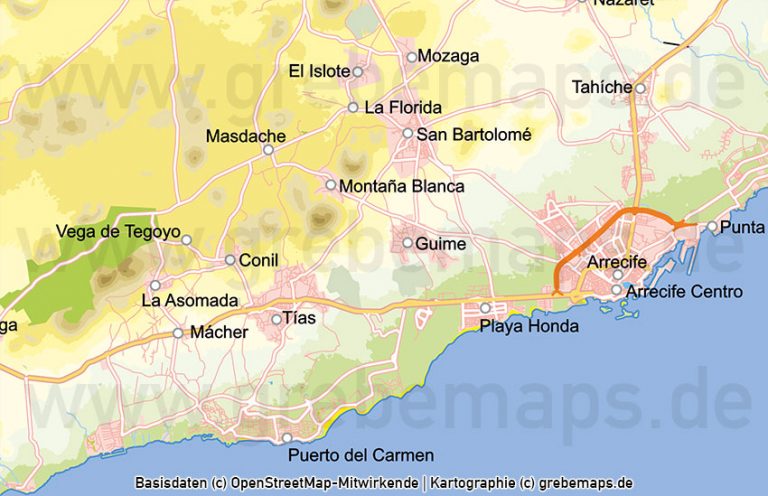 Lanzarote Vektorkarte Topographie Gemeinden Höhenschichten