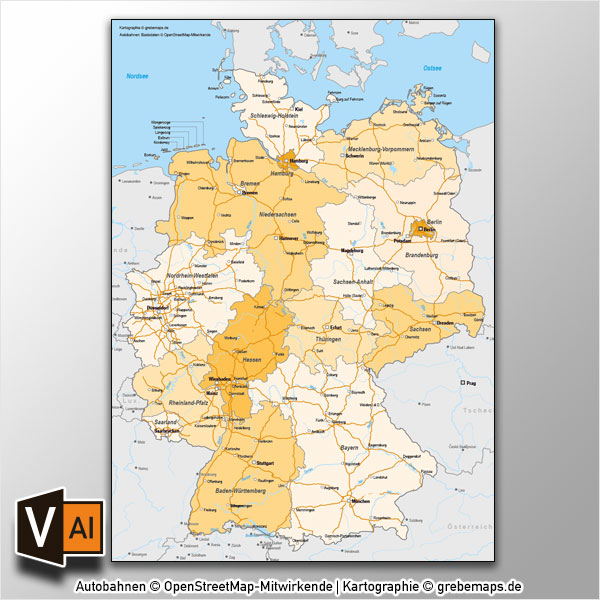 Deutschland Bundesländer Autobahnen Vektorkarte mit angrenzenden Ländern, Karte Deutschland Bundesländer, Karte Deutschland Autobahnen, Karte Deutschland Nachbarländer, Karte Vektor Deutschland
