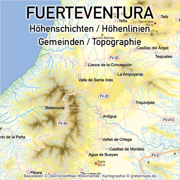 Fuerteventura Vektorkarte Topographie Gemeinden Höhenschichten, Vektorkarte Fuerteventura, Karte Fuerteventura, Landkarte Fuerteventura, Inselkarte Fuerteventura, Karte Fuerteventura Topographie, Karte Fuerteventura Höhenschichten, Karte Fuerteventura physisch