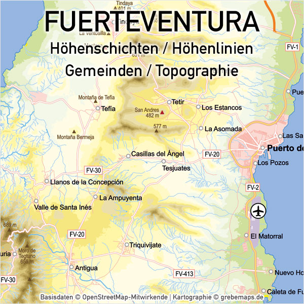 Fuerteventura Vektorkarte Topographie Gemeinden Höhenschichten, Vektorkarte Fuerteventura, Karte Fuerteventura, Landkarte Fuerteventura, Inselkarte Fuerteventura, Karte Fuerteventura Topographie, Karte Fuerteventura Höhenschichten, Karte Fuerteventura physisch