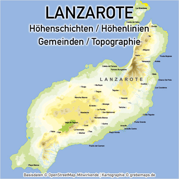 Lanzarote Vektorkarte Topographie Gemeinden Höhenschichten, Karte Lanzarote, Vektorkarte Lanzarote, Landkarte Lanzarote, Inselkarte Lanzarote, Karte Lanzarote Druck, Karte Lanzarote Vektor
