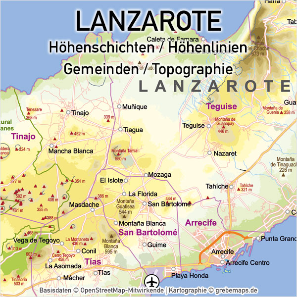 Lanzarote Vektorkarte Topographie Gemeinden Höhenschichten, Karte Lanzarote, Vektorkarte Lanzarote, Landkarte Lanzarote, Inselkarte Lanzarote, Karte Lanzarote Druck, Karte Lanzarote Vektor