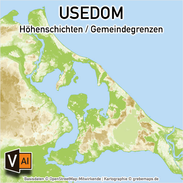 Usedom Vektorkarte Höhenschichten mit Gemeindegrenzen