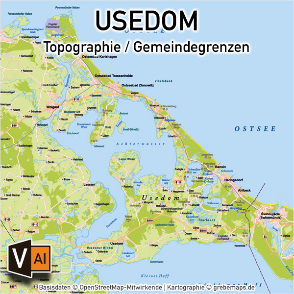 Usedom Vektorkarte Topographie mit Gemeindegrenzen