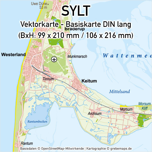 Sylt Vektorkarte Basiskarte (DIN lang), Karte Sylt, Karte Insel Sylt, Karte Sylt für Flyer, Inselkarte Sylt, Vektorkarte Sylt, Karte Sylt für Print, Vektorgrafik Sylt, Karte Vektor Sylt Print