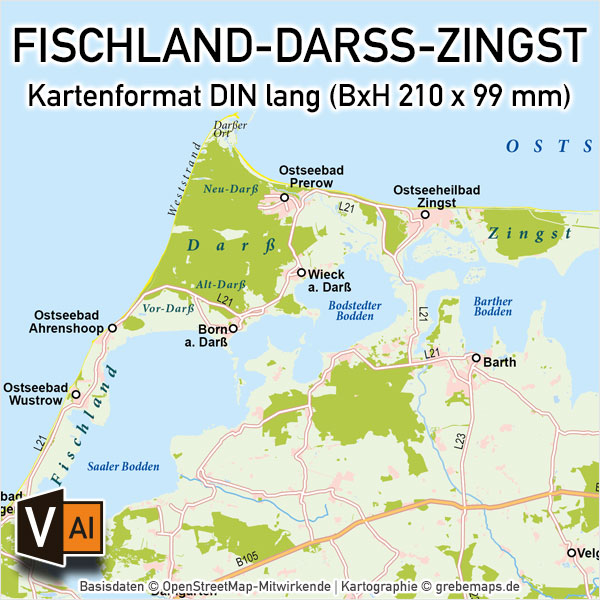 Fischland-Darß-Zingst Vektorkarte (DIN lang), Karte Fischland-Darß-Zingst, Karte Vektor, Vektorgrafik, Karte, Landkarte Fischland-Darß-Zingst, Darss
