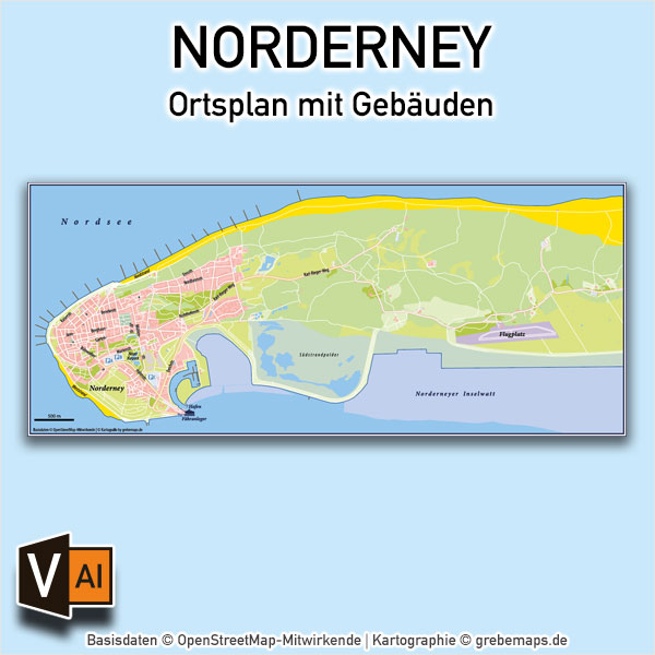 Norderney Ortsplan mit Gebäuden Vektorkarte
