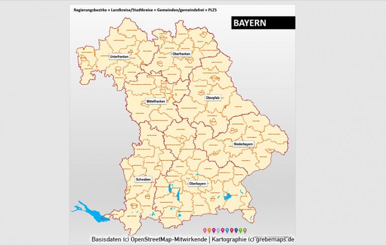 Bayern PowerPoint-Karte Landkreise Gemeinden Postleitzahlen PLZ-5 ...