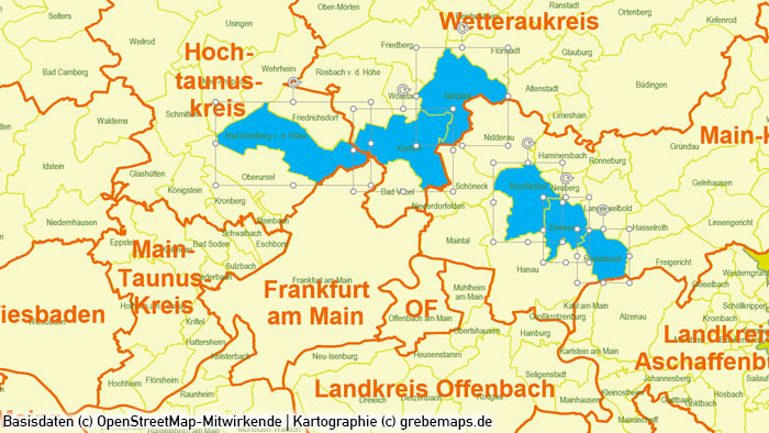 Rhein-Main-Gebiet Gemeinden Landkreise PowerPoint-Karte, Karte Gemeinden Rhein-Main-Gebiet, Karte Gemeinden Landkreise Rhein-Main-Region, Karte Region Rhein-Main Gemeinden Landkreise