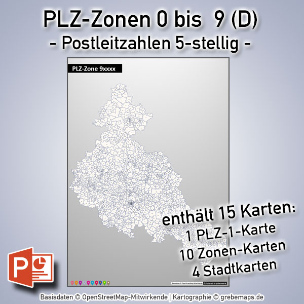 Deutschland PowerPoint-Karte PLZ-Zone 0 bis 9 Postleitzahlen 5-stellig (Bundle mit 15 Karten), Karte Postleitzahlen Deutschland nach PLZ-Zonen mit den jeweiligen 5-stelligen PLZ-Bereichen, Karte PLZ Deutschland für PowerPoint
