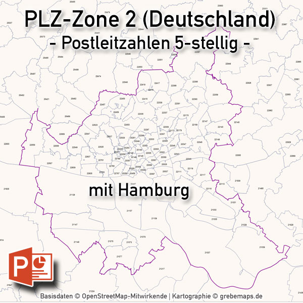 Deutschland PowerPoint-Karte PLZ-Zone 2 (Postleitzahlen 5-stellig) mit Hamburg, Karte PLZ-Zone 2 Deutschland, Postleitzahlen Zone 2 Karte Deutschland mit Hamburg