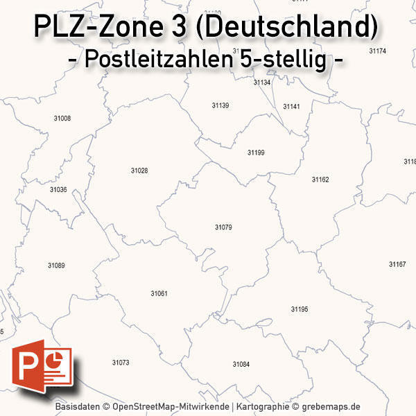 Deutschland PowerPoint-Karte PLZ-Zone 3 (Postleitzahlen 5-stellig), Karte PLZ-Zone 3 Deutschland, Deutschland Karte Postleitzahlenzone 3