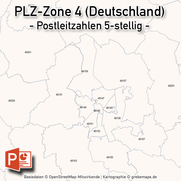 Deutschland PowerPoint-Karte PLZ-Zone 4 (Postleitzahlen 5-stellig), Karte PLZ-Zone 4 Deutschland, Deutschland Karte Postleitzahlenzone 4