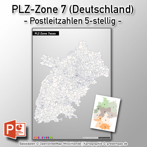 Deutschland PowerPoint-Karte PLZ-Zone 7 (Postleitzahlen 5-stellig), Karte PLZ-Zone 7 Deutschland, Deutschland Karte Postleitzahlenzone 7
