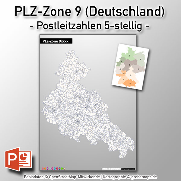 PowerPoint-Karte Deutschland PLZ-Zone 9 (Postleitzahlen 5-stellig)