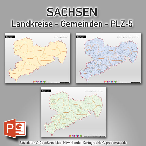 PowerPoint-Karte Sachsen Landkreise Gemeinden Postleitzahlen PLZ-5 (5-stellig)
