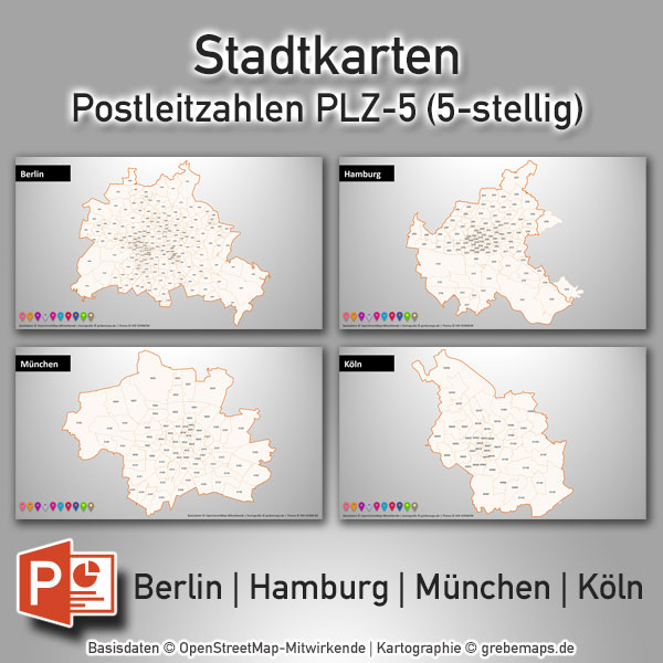 PowerPoint-Karte Stadtkarten Postleitzahlen PLZ-5 Berlin Hamburg München Köln