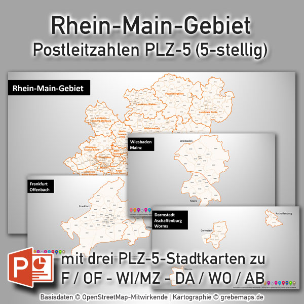 PowerPoint-Karte Rhein-Main-Gebiet Postleitzahlen PLZ-5 (PLZ 5-stellig)