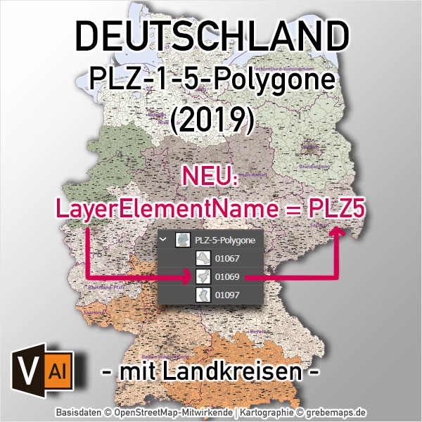 Deutschland Postleitzahlenkarte PLZ-1-5 mit Landkreisen Bundesländern Ortsnamen Vektorkarte (2019)