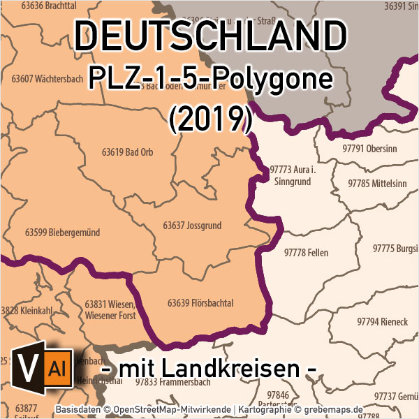 Deutschland Postleitzahlenkarte PLZ-1-5 ebenen-separiert mit Landkreisen, PLZ-Karte Deutschland, Karte PLZ Deutschland, Vektorkarte PLZ Deutschland, AI-Datei, download