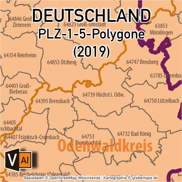 Deutschland Postleitzahlenkarte PLZ-1-5 ebenen-separiert mit Landkreisen, PLZ-Karte Deutschland, Karte PLZ Deutschland, Vektorkarte PLZ Deutschland, AI-Datei, download