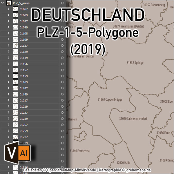 Deutschland Postleitzahlenkarte PLZ-5 ebenen-separiert, Karte PLZ Deutschland 5-stellig, PLZ-Karte Deutschland, Vektorkarte PLZ Deutschland, AI-Datei, download, mit Bundesländern