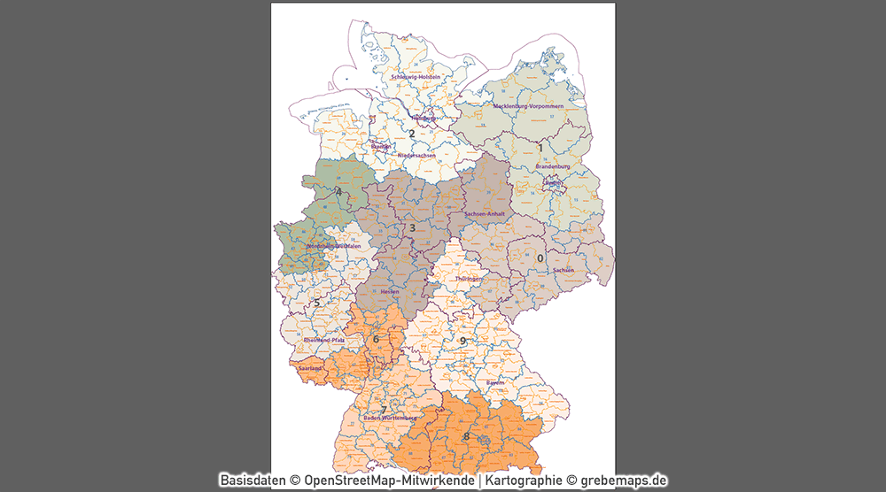 Deutschland Postleitzahlenkarte PLZ-1-2 mit Landkreisen Bundesländern Orte Vektorkarte, PLZ-Karte Deutschland 2-stellig, Karte PLZ 2-stellig Deutschland, Vektorkarte, AI-Datei, download