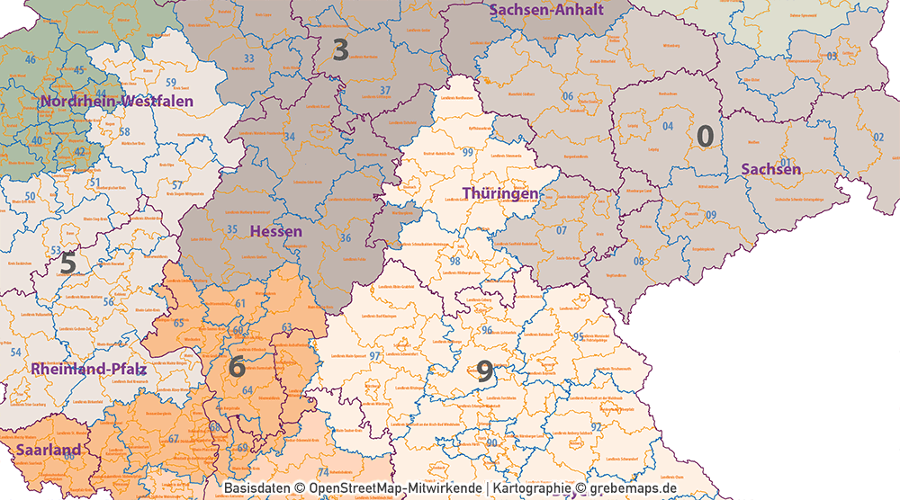 Deutschland Postleitzahlenkarte PLZ-1-2 mit Landkreisen Bundesländern Orte Vektorkarte, PLZ-Karte Deutschland 2-stellig, Karte PLZ 2-stellig Deutschland, Vektorkarte, AI-Datei, download