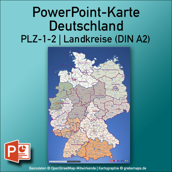 PowerPoint-Karte Deutschland Postleitzahlen PLZ-2 (2-stellig) mit Landkreisen Bundesländern (DIN A2)