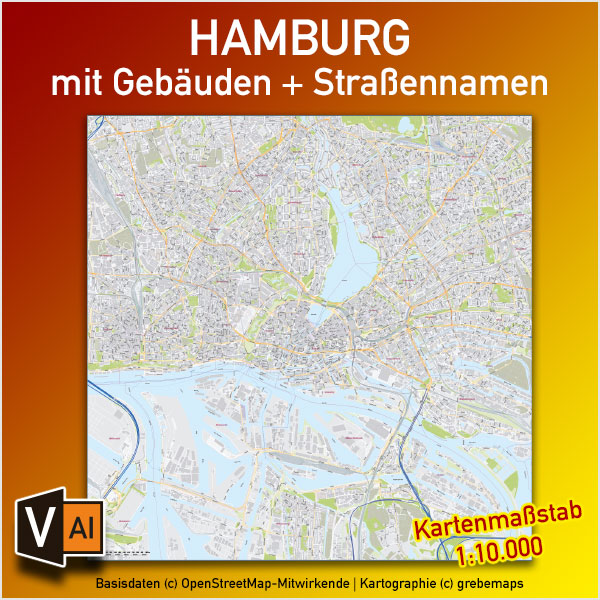 Hamburg Stadtplan Gebäude Strassennamen Vektorkarte 1:10.000