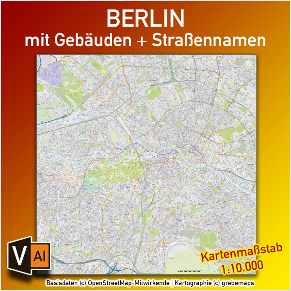 Berlin Stadtplan Gebäude Strassennamen Vektorkarte 1:10.000 mit PLZ-5