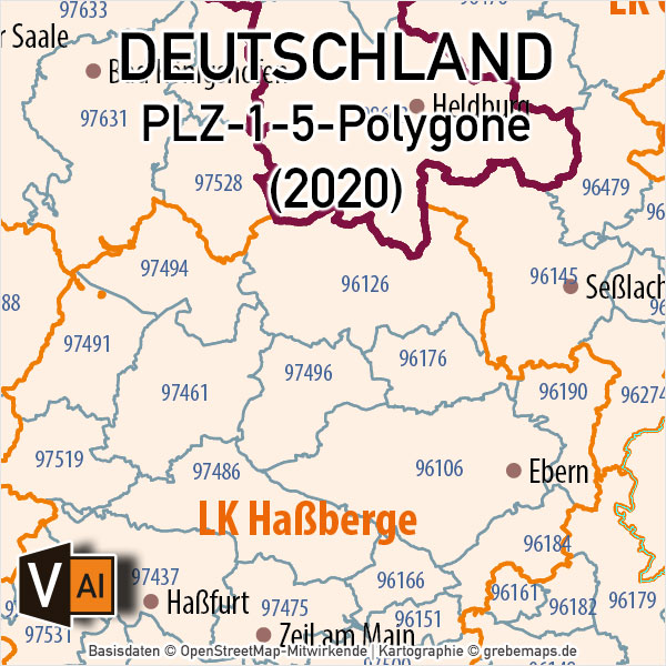 Deutschland Postleitzahlenkarte PLZ-1-5 mit Landkreisen, Karte PLZ Deutschland Vektor, Vektorkarte PLZ Deutschland 5-stellig, AI-Datei, download