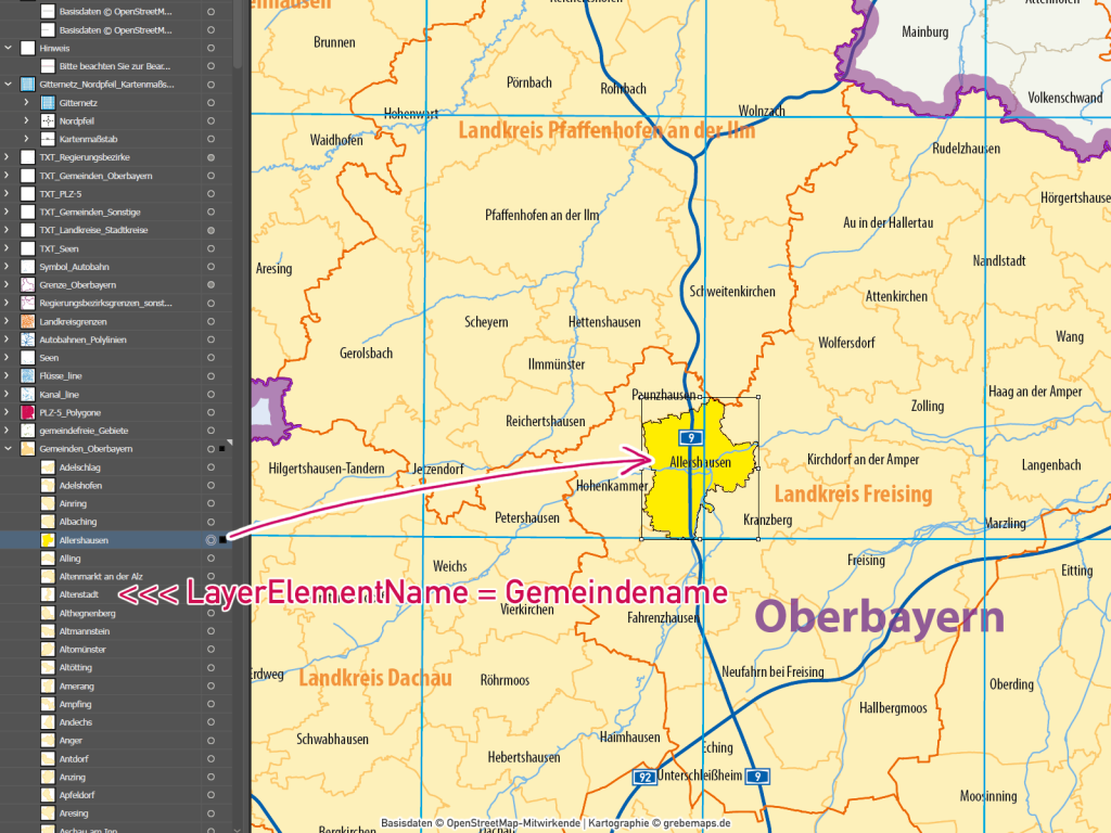 Oberbayern Vektorkarte Gemeinden Landkreise Postleitzahlen PLZ-5