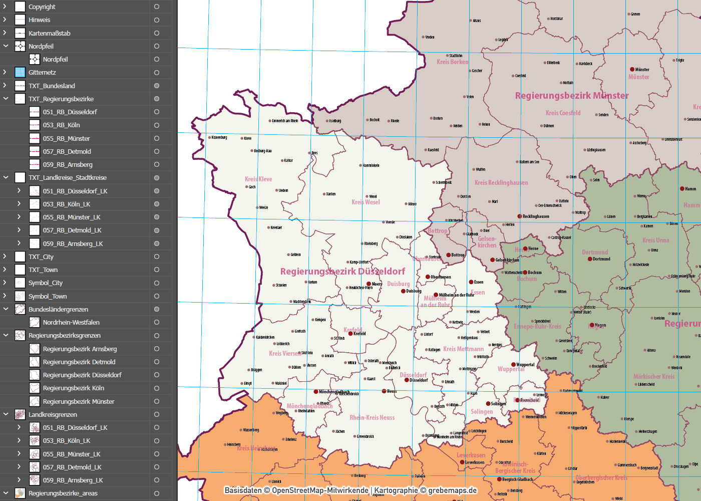 Nordrhein-Westfalen Vektorkarte NRW Regierungsbezirke Landkreise, Vektorkarte NRW Landkreise, Vektorkarte NRW Regierungsbezirke, Landkarte NRW Landkreise, Übersichtskarte NRW Landkreise, AI, download, editierbar, ebenen-separiert
