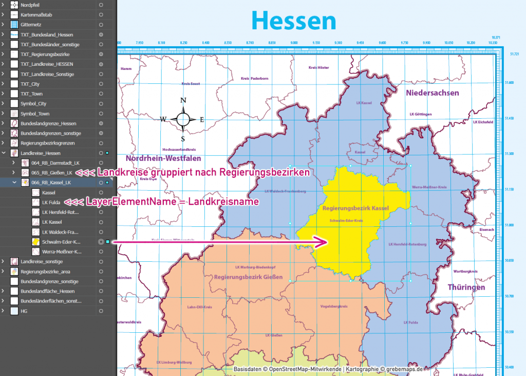 Hessen Vektorkarte Regierungsbezirke Landkreise - grebemaps Kartographie