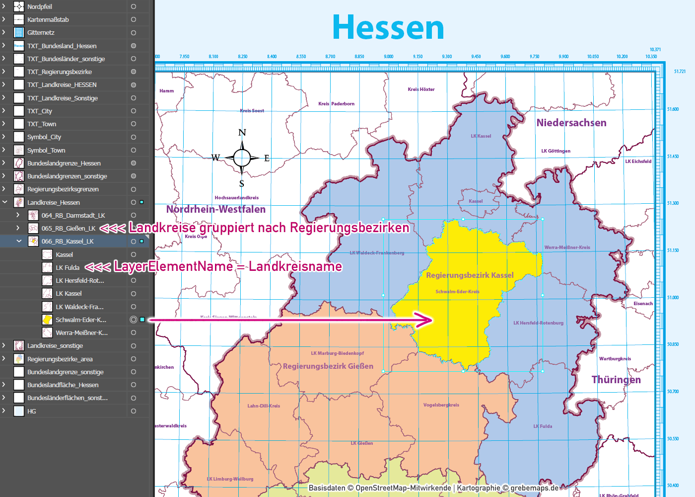 Hessen Vektorkarte Regierungsbezirke Landkreise, Karte Hessen Landkreise, Karte Hessen Regierungsbezirke, Vektorkarte Hessen Landkreise, Landkarte Hessen Landkreise, Vektorgrafik Hessen Landkreise, AI, download, editierbar