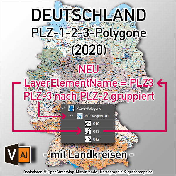 Deutschland Postleitzahlenkarte PLZ-1-2-3 mit Landkreisen Bundesländern Autobahnen Orten Vektorkarte (2020)