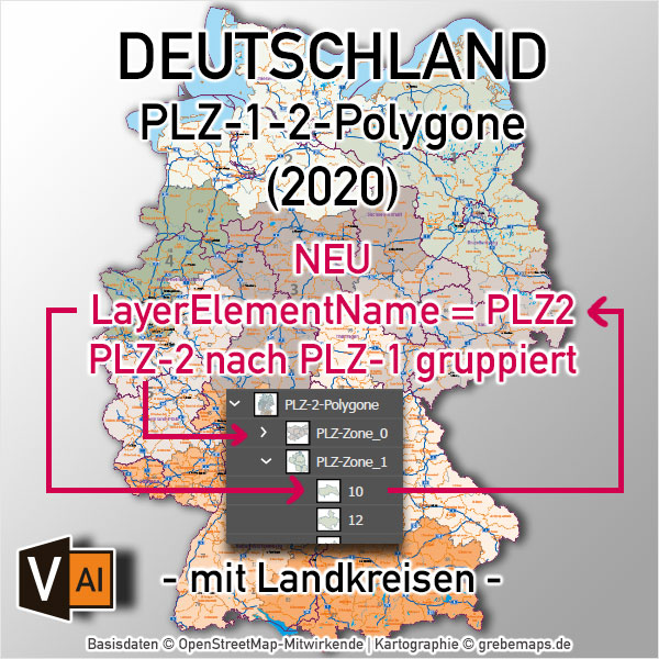 Deutschland Postleitzahlenkarte PLZ-1-2 mit Landkreisen Bundesländern Autobahnen Orte Vektorkarte (2020)