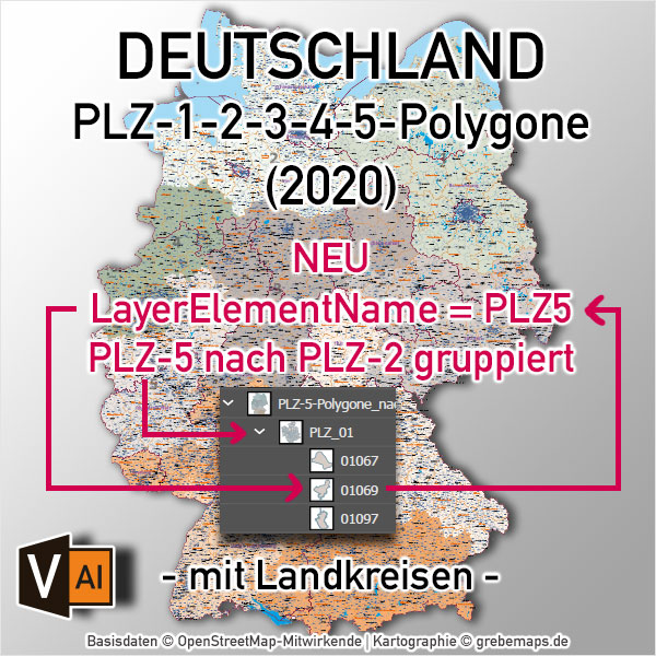 Deutschland Postleitzahlenkarte PLZ-1-2-3-4-5 Vektorkarte mit Landkreisen Bundesländern Ortsnamen Autobahnen (2020)