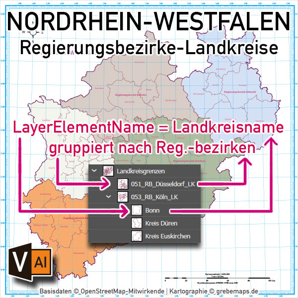 Nordrhein-Westfalen Vektorkarte NRW Regierungsbezirke Landkreise, Vektorkarte NRW Landkreise, Vektorkarte NRW Regierungsbezirke, Landkarte NRW Landkreise, Übersichtskarte NRW Landkreise, AI, download, editierbar, ebenen-separiert