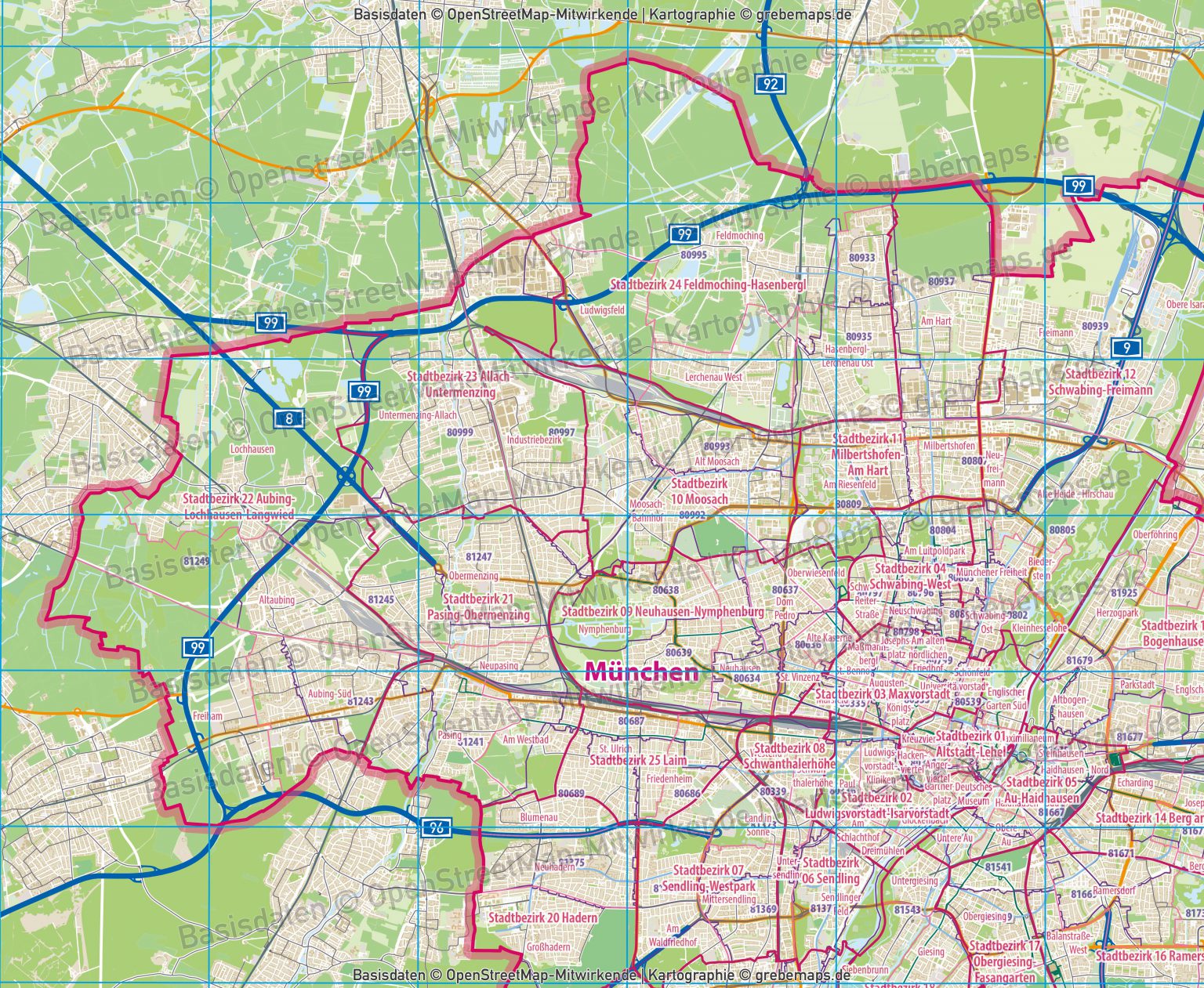 München Stadtplan mit Stadtbezirken Stadtteilen Postleitzahlen PLZ-5