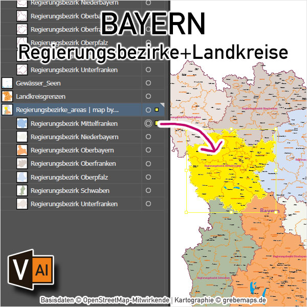 Bayern Vektorkarte Regierungsbezirke Landkreise, Karte Bayern Regierungsbezirke, Karte Bayern Landkreise, Landkarte Bayern Landkreise, Vektorkarte Bayern Landkreise, AI, download, editierbar, ebenen-separiert