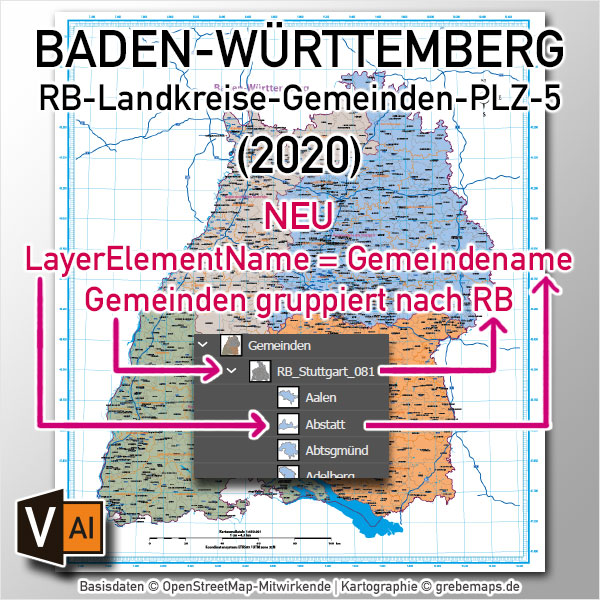 Baden-Württemberg Vektorkarte Regierungsbezirke Landkreise Gemeinden Postleitzahlen PLZ-5 (2020)