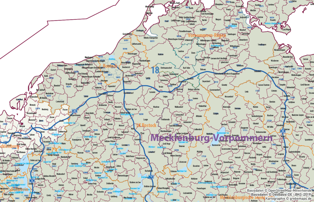 Ostdeutschland Vektorkarte Landkreise Gemeinden Postleitzahlen PLZ-5