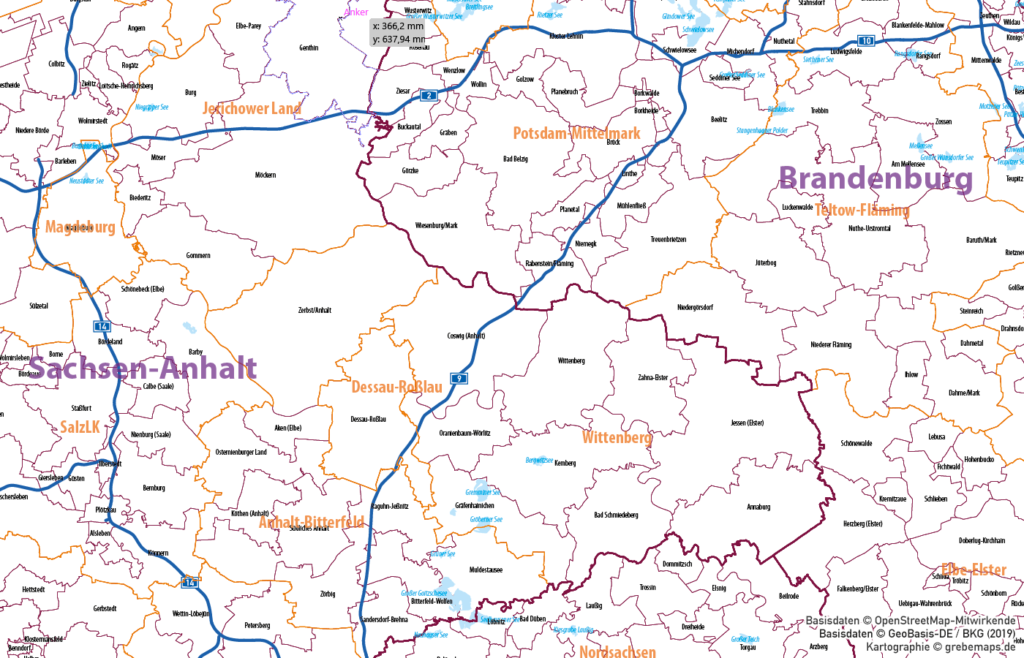 Ostdeutschland Vektorkarte Landkreise Gemeinden Postleitzahlen PLZ-5