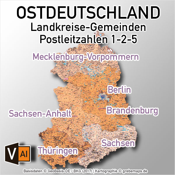 Ostdeutschland Vektorkarte Landkreise Gemeinden Postleitzahlen PLZ-5 Bundesländer (2020)
